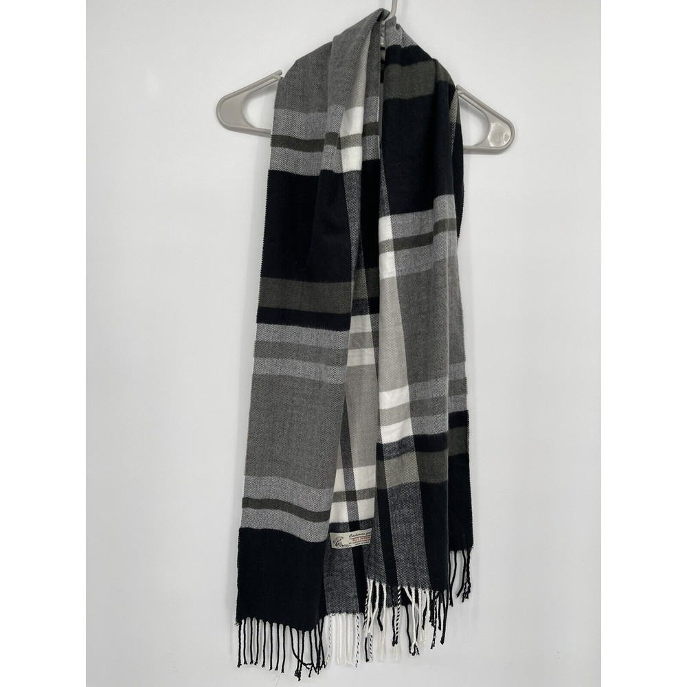 Italy Design OS Plaid Scarf Women Black Grey‎ White Cashmere Feel Fringe Trim